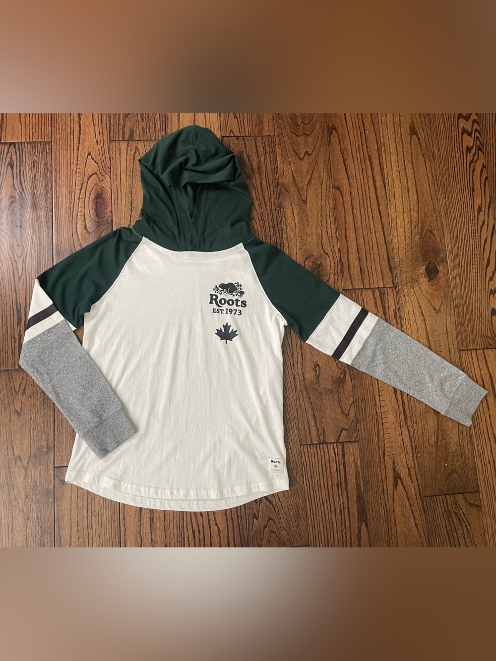 Roots Kids Hooded Raglan Tee in White and Dark Green